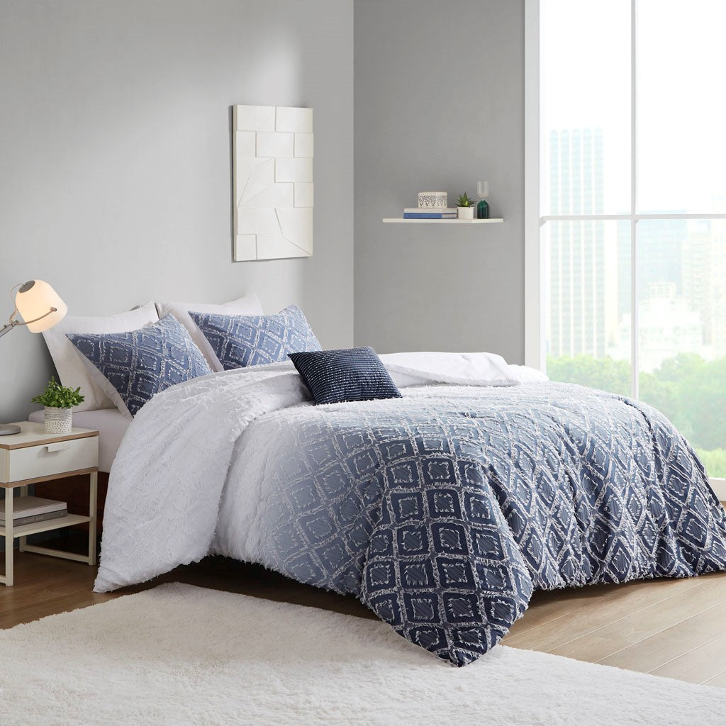 Ava Ombre Printed Clipped Jacquard Comforter Set - Navy - Twin Size / Twin XL Size