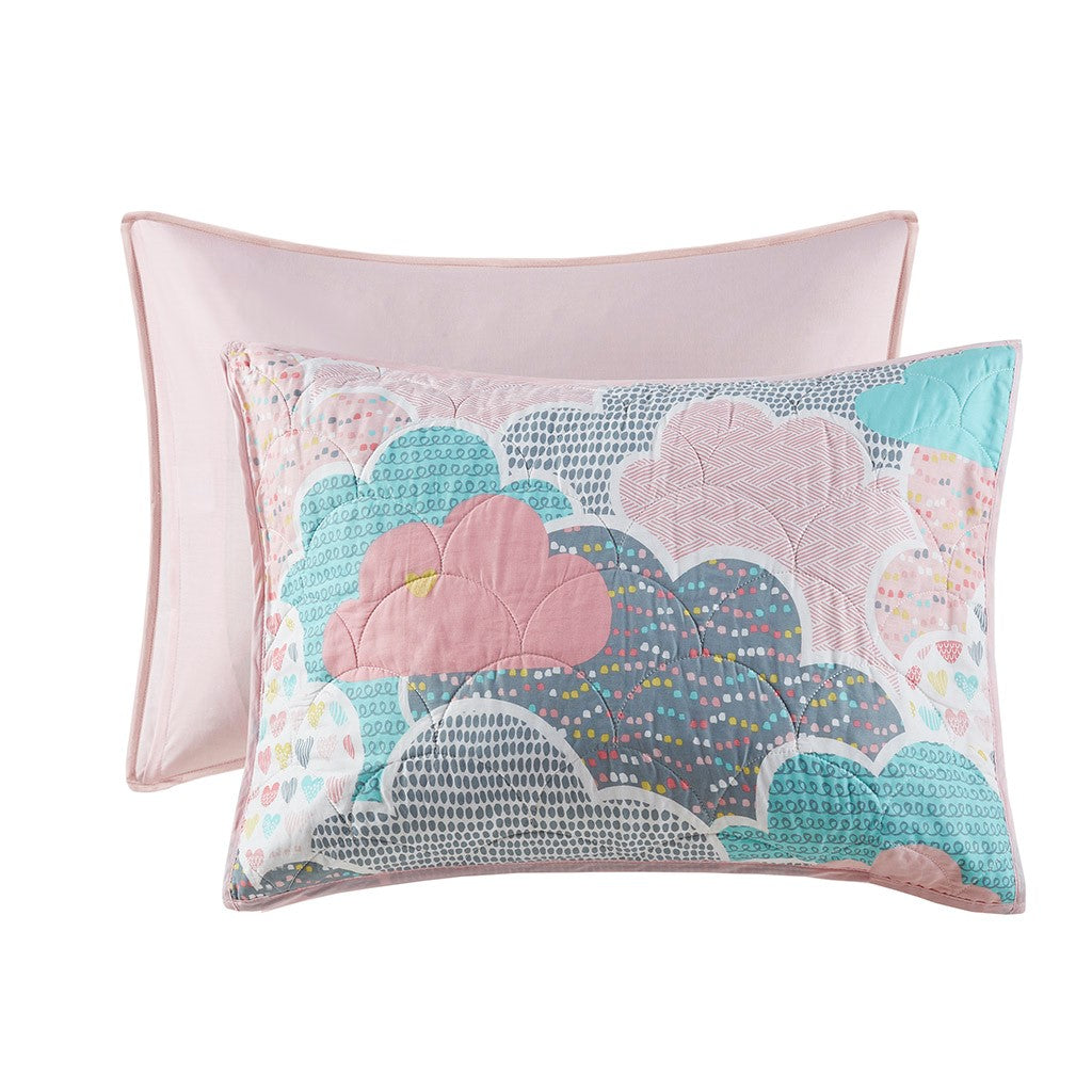 Cloud Reversible Cotton Quilt Set with Throw Pillows - Pink - Full Size / Queen Size