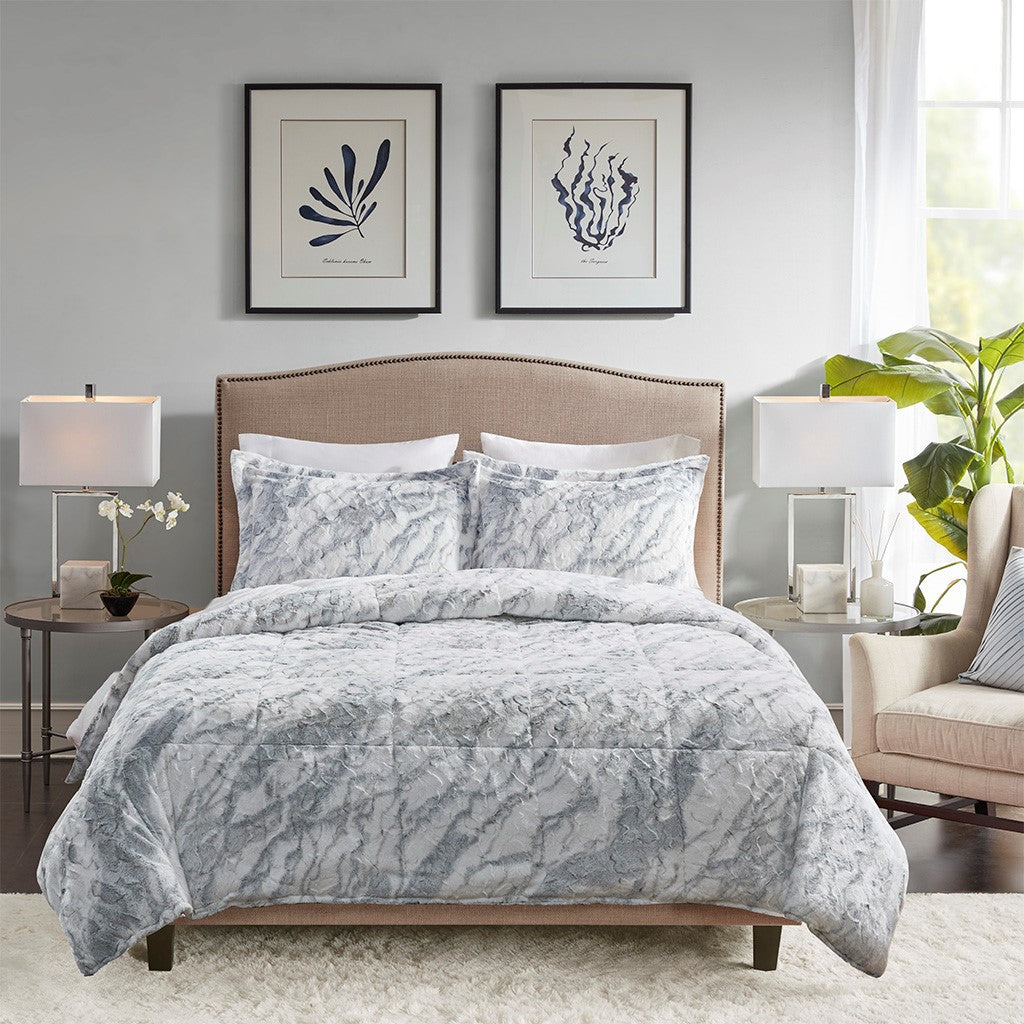 Lana Marble Faux Fur Comforter Set - Grey / Blue  - King Size