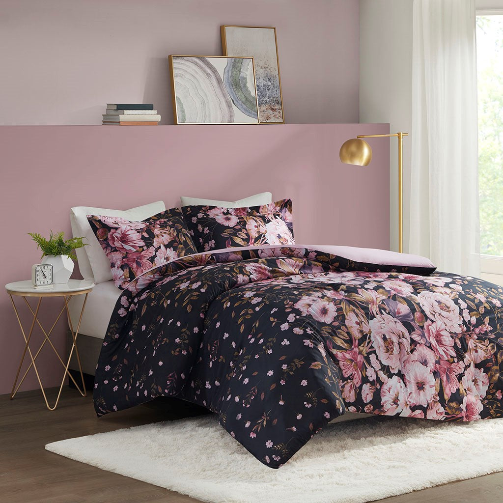 Gabriella Floral Printed Duvet Cover Set - Black - Full Size / Queen Size