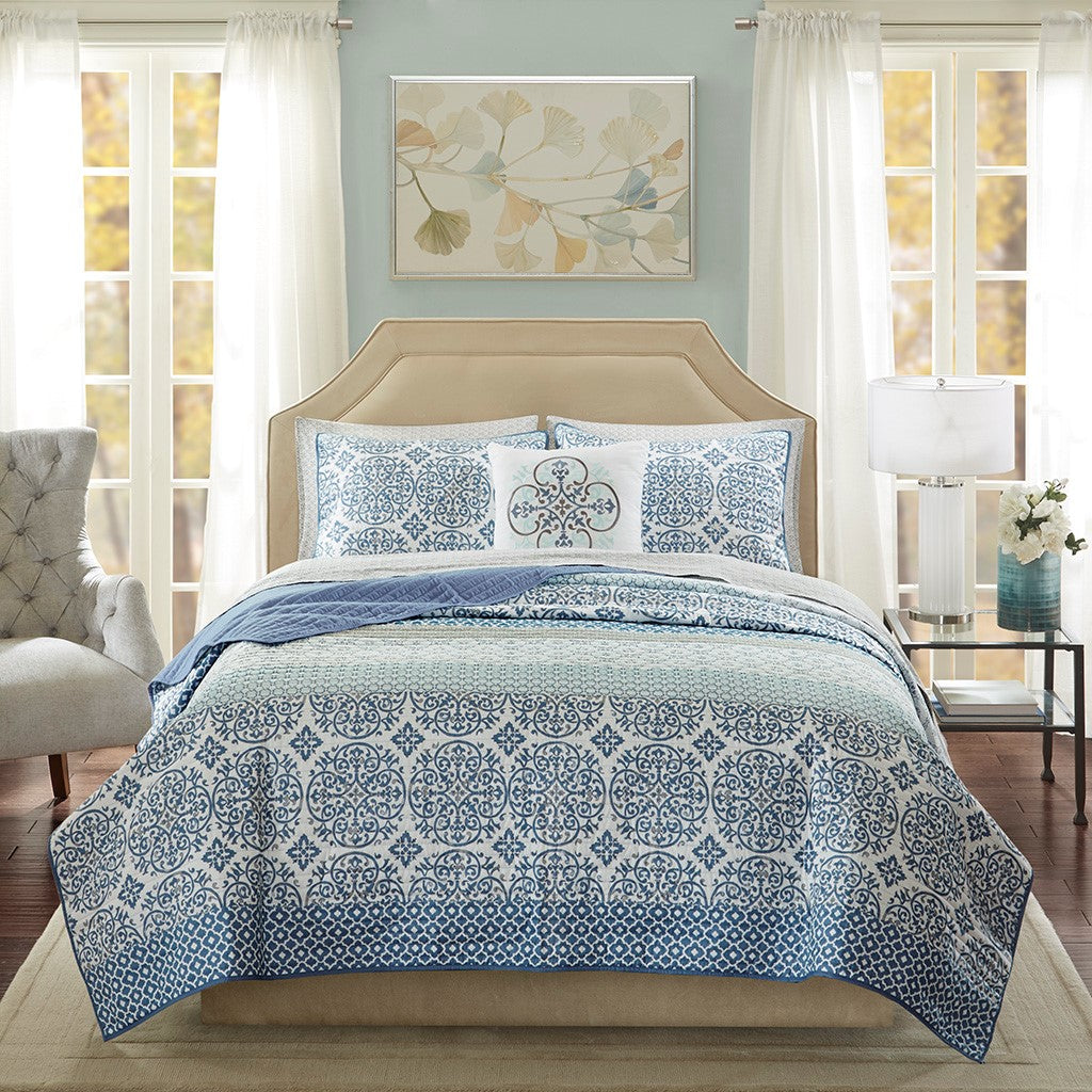 Sybil 8 Piece Quilt Set with Cotton Bed Sheets - Blue  - Cal King Size