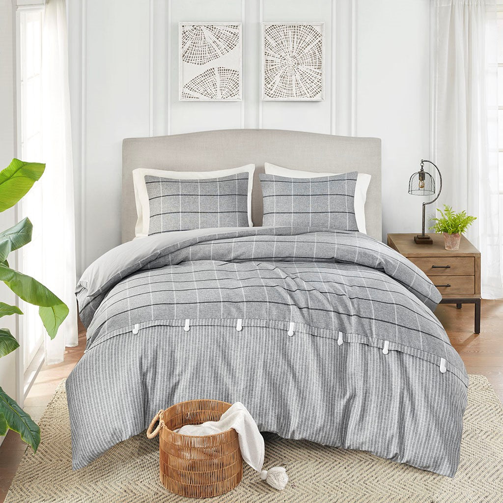 Bryson 3 Piece Faux Linen Jacquard Duvet Cover Set - Gray  - King Size / Cal King Size