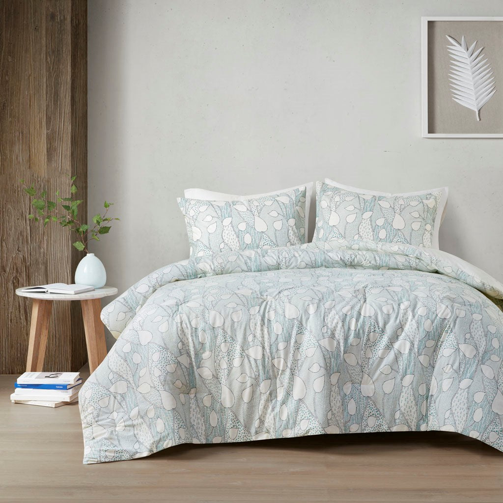 Calla 3 Piece Vine Printed Cotton Comforter Set - Aqua  - Full Size / Queen Size