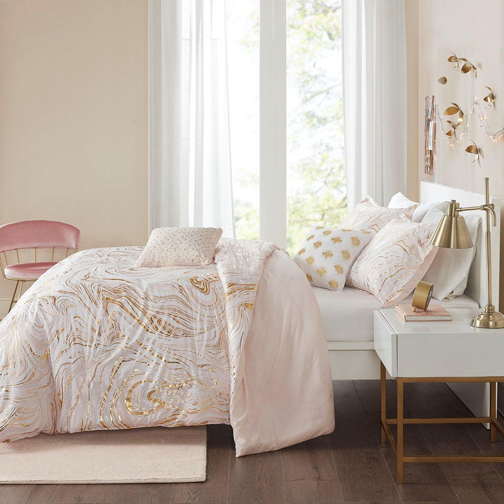 Rebecca Metallic Printed Duvet Cover Set - Blush / Gold - Full Size / Queen Size