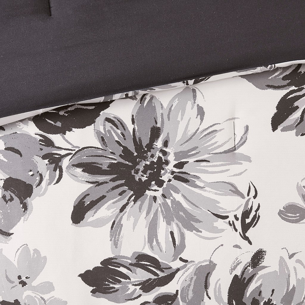 Dorsey Floral Print Comforter Set - Black / White - Full Size / Queen Size