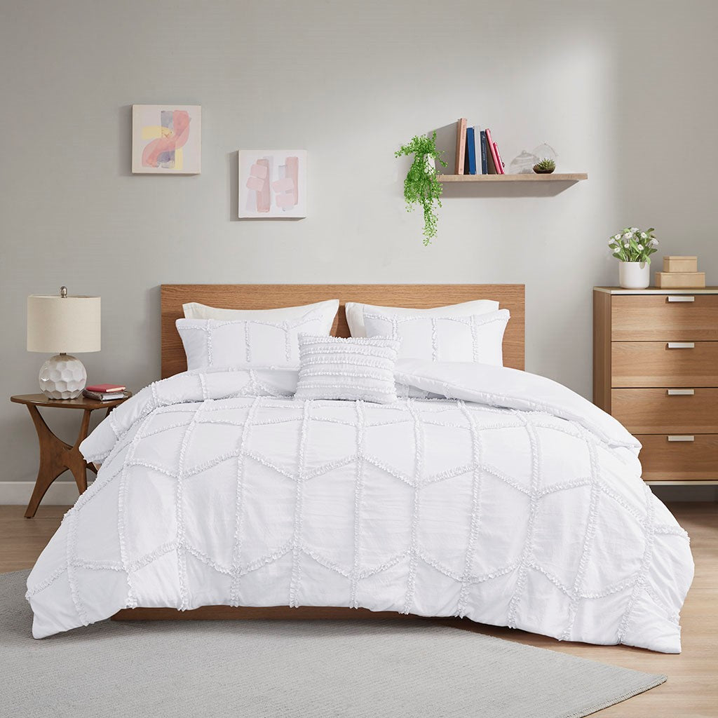 Jayla Ruffle Duvet Cover Set - White  - Full Size / Queen Size