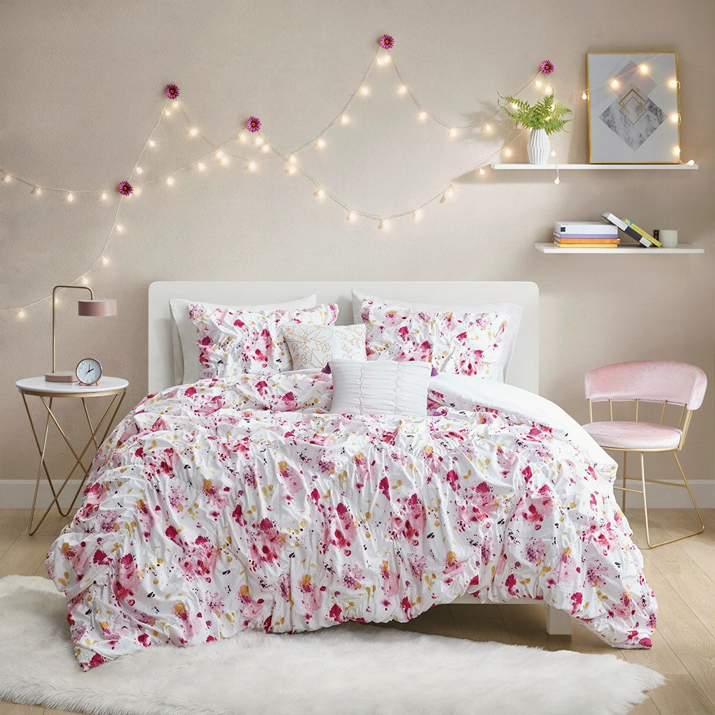 Laci Ruched Comforter Set - Pink - Full Size / Queen Size
