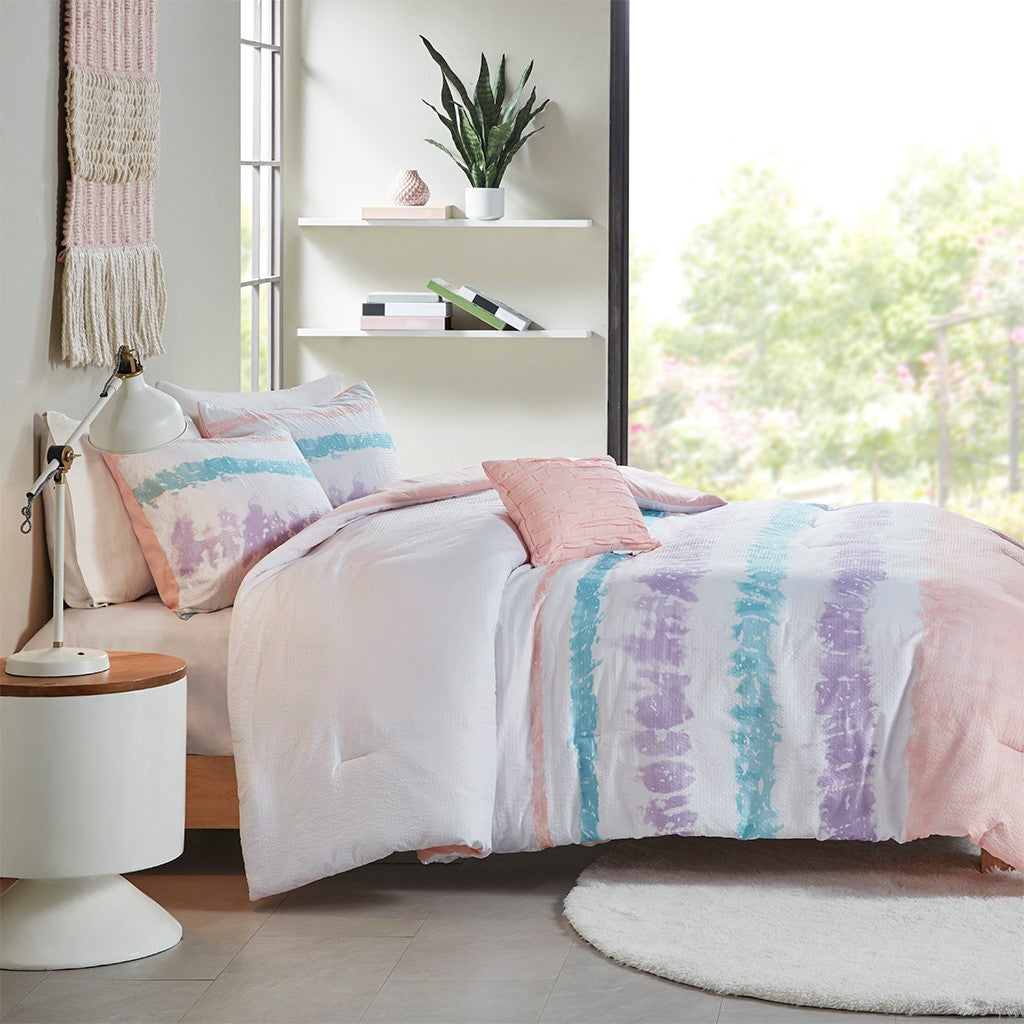 Loriann Tie Dye Printed Seersucker Comforter Set - Pink / Purple - Twin Size / Twin XL Size