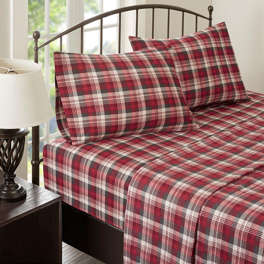 Cotton Flannel Sheet Set - Red Plaid  - Cal King Size