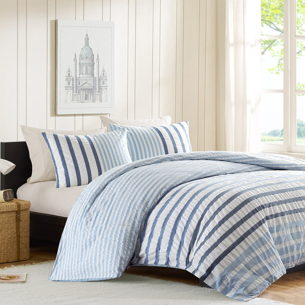 Sutton Cotton Seersucker Comforter Set - Blue  - Full Size / Queen Size