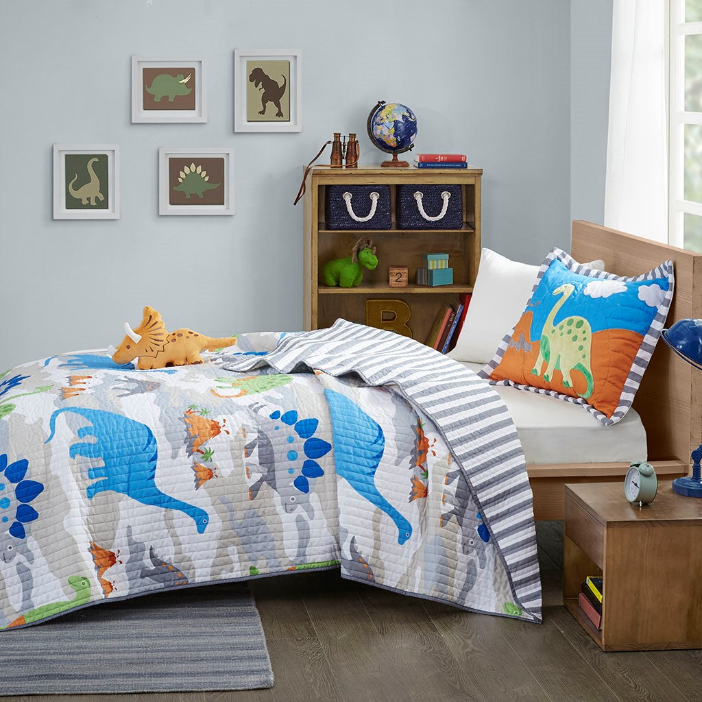 Little Foot Dinosaur Reversible Quilt Set with Throw Pillow - Multicolor - Twin Size