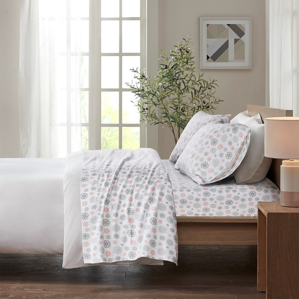 Cozy Cotton Flannel Printed Sheet Set - Pink / Grey Snowflakes  - Full Size