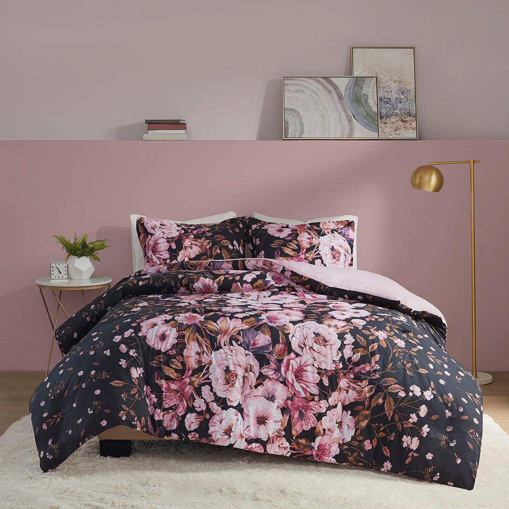 Gabriella Floral Printed Duvet Cover Set - Black - Full Size / Queen Size