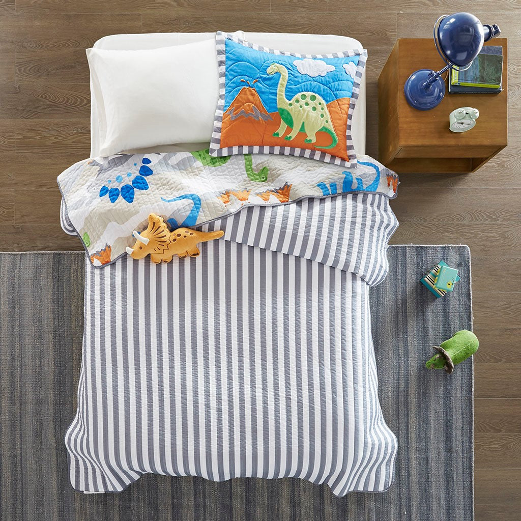 Little Foot Dinosaur Reversible Quilt Set with Throw Pillow - Multicolor - Twin Size