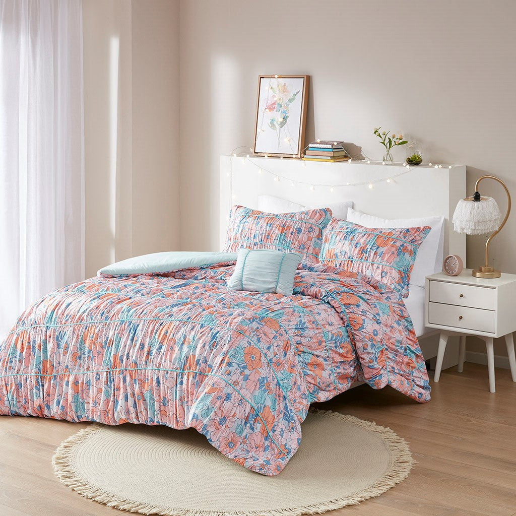 Mae Floral Printed Ruched Comforter Set - Pink / Blue - Twin Size / Twin XL Size