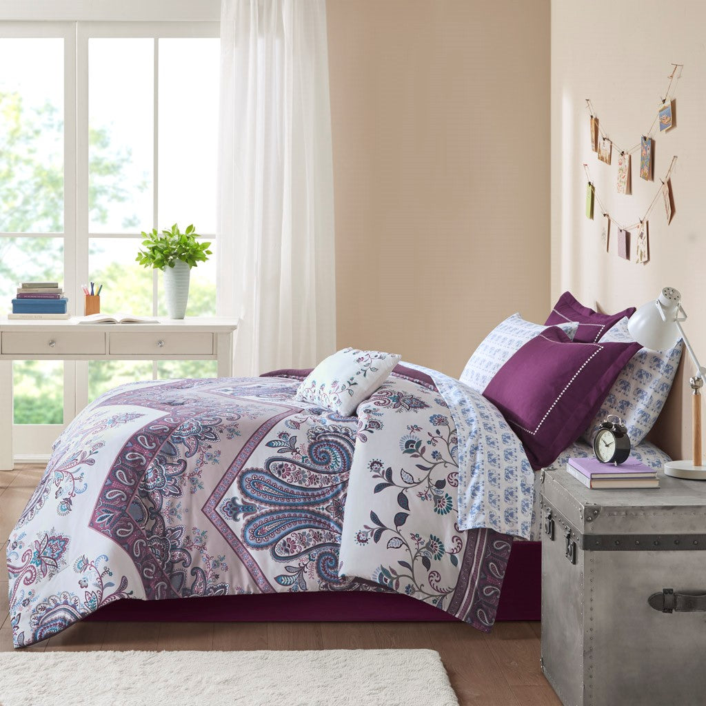 Tulay Boho Comforter Set with Bed Sheets - Purple - Twin Size