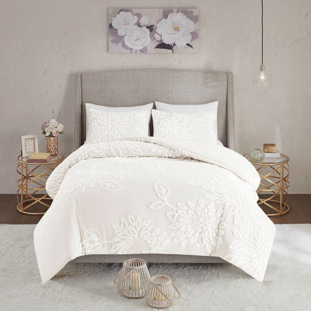 Veronica 3 Piece Tufted Cotton Chenille Floral Duvet Cover Set - Off White  - Full Size / Queen Size