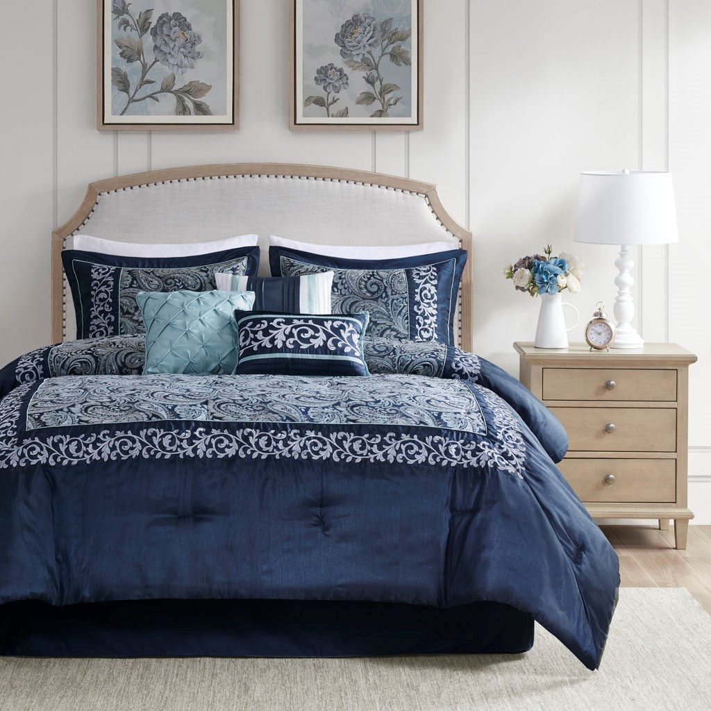 Whitney 7 Piece Jacquard Comforter Set - Navy  - King Size
