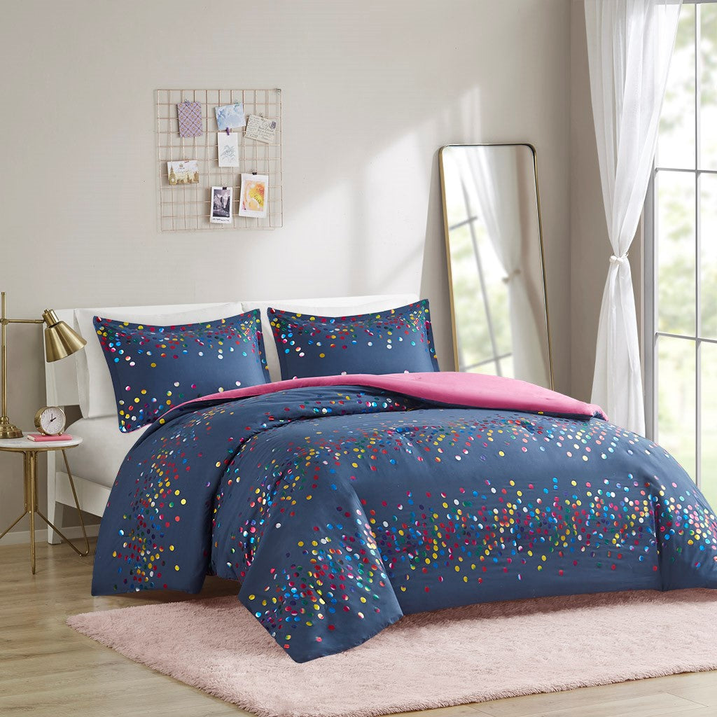 Janie Rainbow Iridescent Metallic Dot Comforter Set
 - Navy - Twin/Twin XL