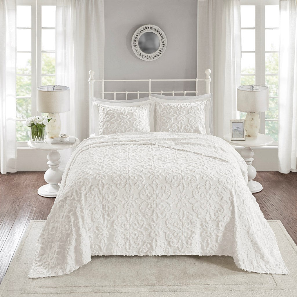 Sabrina 3 Piece Tufted Cotton Chenille Bedspread Set - Off White  - Full Size / Queen Size