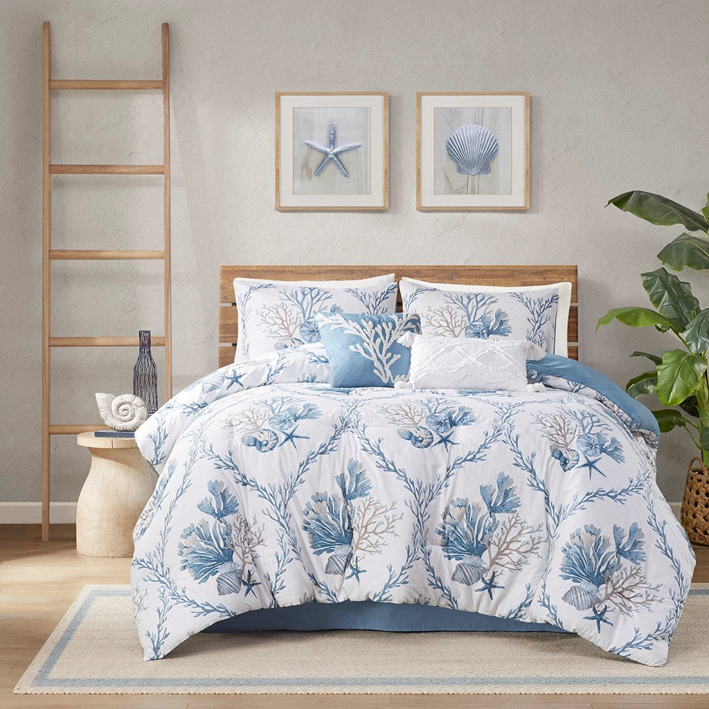 Pismo Beach 6 Piece Oversized Cotton Comforter Set with Throw Pillows - Blue / White  - Cal King Size