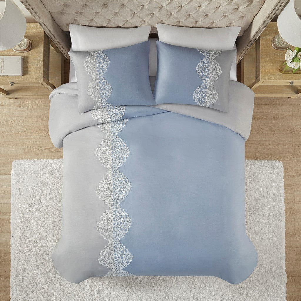 Panache 3 Piece Embroidered Microfiber Duvet Cover Set
 - Blue - Full/Queen