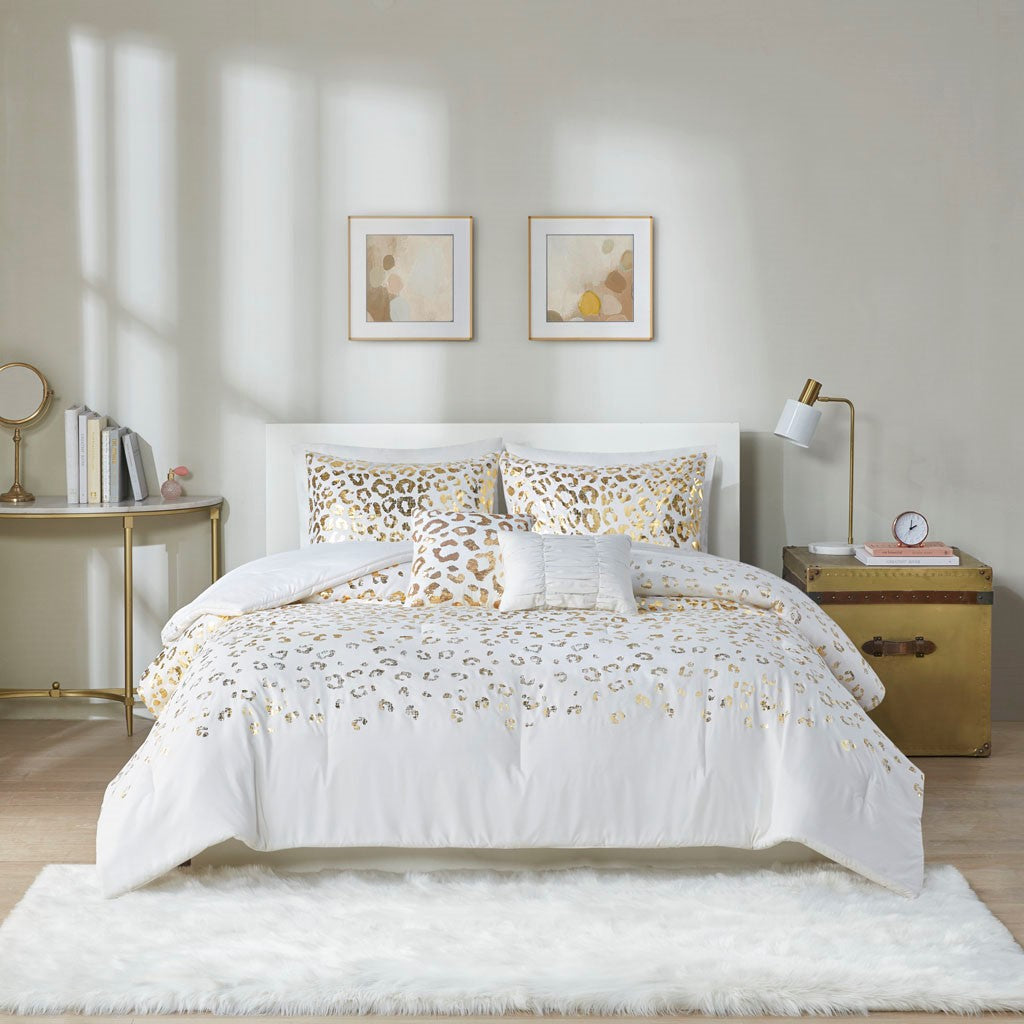 Lillie Metallic Animal Printed Comforter Set - Ivory / Gold - King Size / Cal King Size