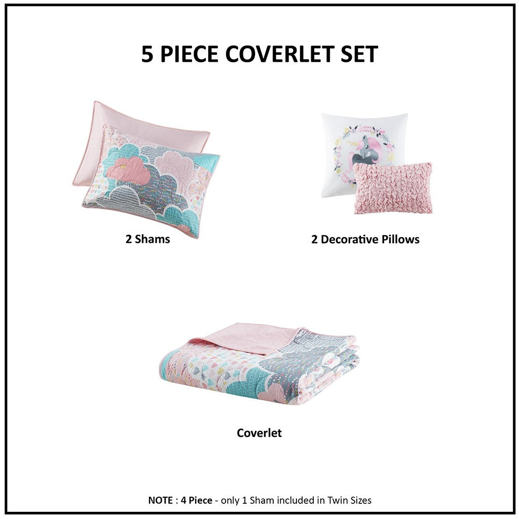 Cloud Reversible Cotton Quilt Set with Throw Pillows - Pink - Full Size / Queen Size