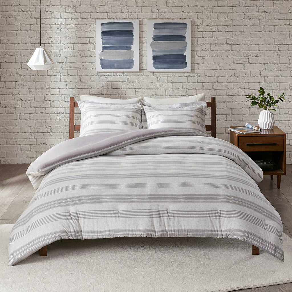 Cole Stripe Print Ultra Soft Cotton Blend Jersey Knit Duvet Cover Set - Grey  - Full Size / Queen Size