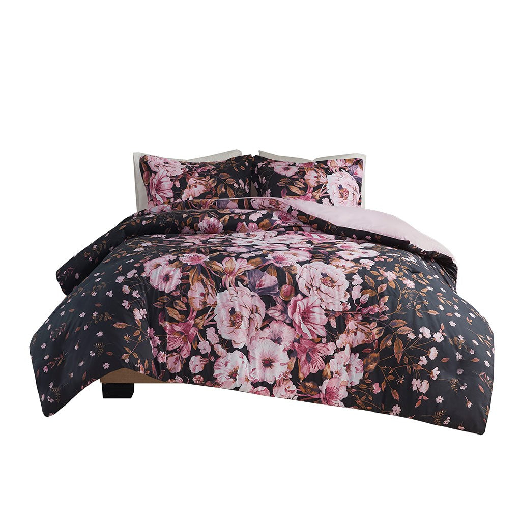 Gabriella Floral Printed Duvet Cover Set - Black - Full Size / Queen Size