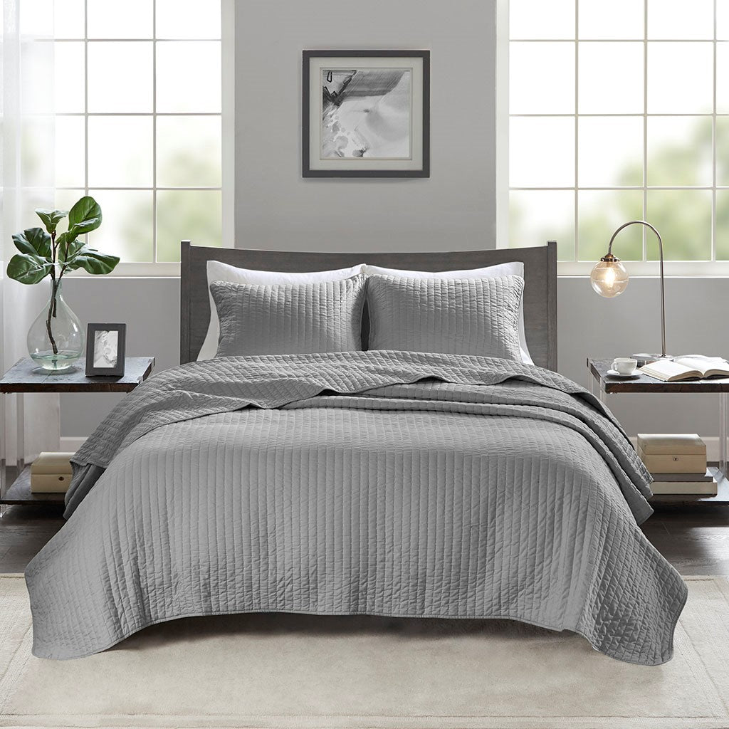 Keaton 3 Piece Quilt Set - Grey  - Twin Size / Twin XL Size