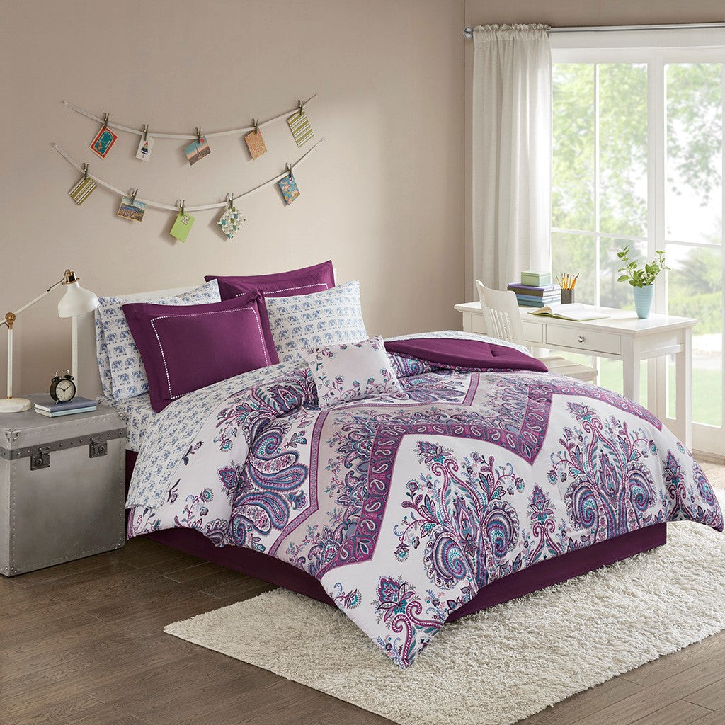 Tulay Boho Comforter Set with Bed Sheets - Purple - Twin Size