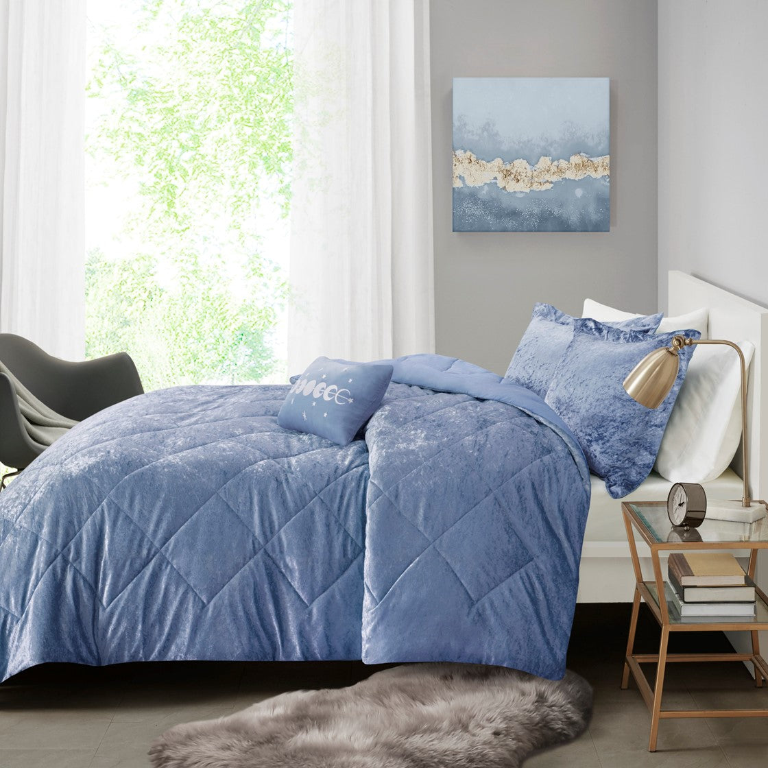 Felicia Velvet Comforter Set - Blue - King Size / Cal King Size