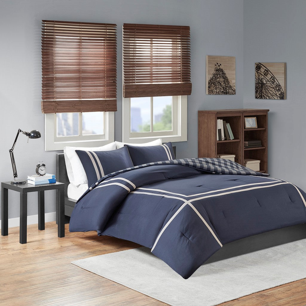 Oxford Reversible Comforter Set - Navy - Twin Size / Twin XL Size