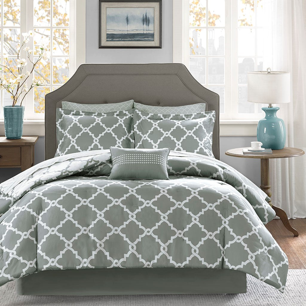 Merritt 9 Piece Comforter Set with Cotton Bed Sheets - Grey  - Queen Size