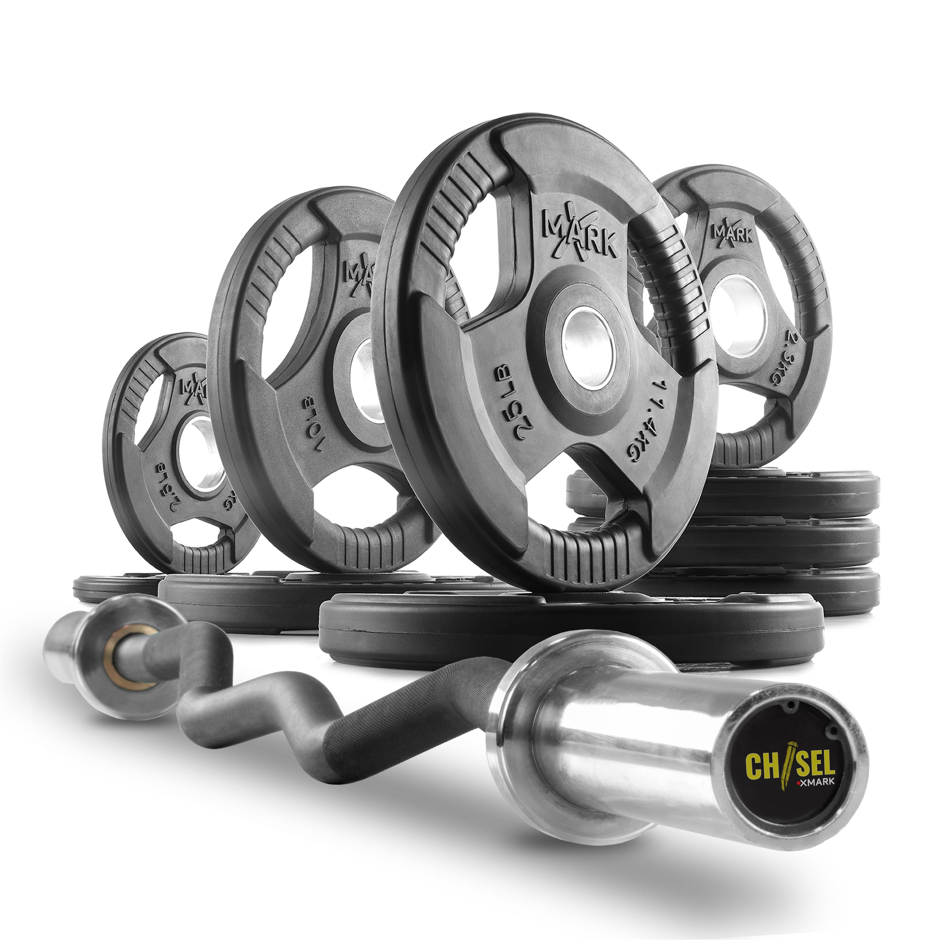 Tri Grip Curl Bar and Weight Plates Set Builder