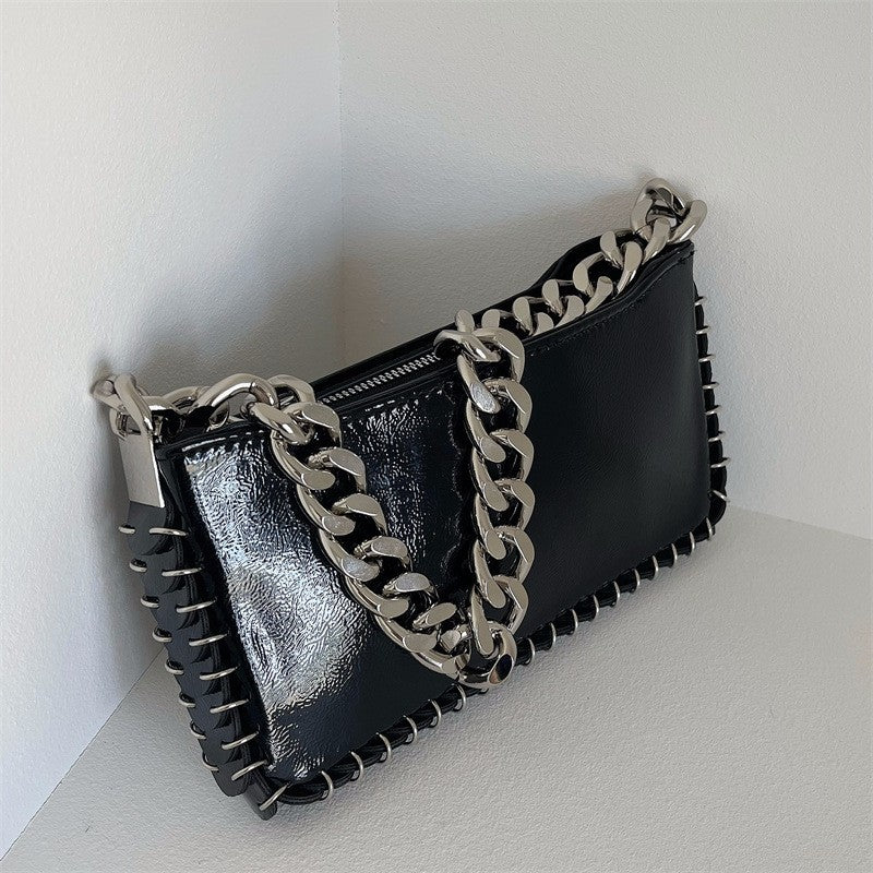 Woman Puck Black Shoulder Bag with Chains and Rings