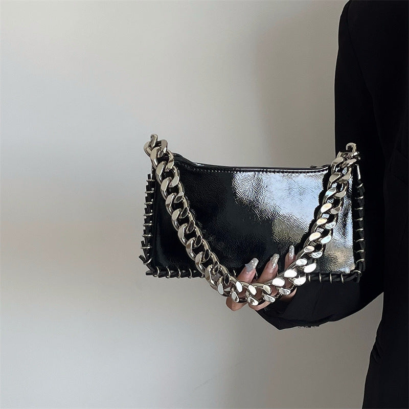 Woman Puck Black Shoulder Bag with Chains and Rings