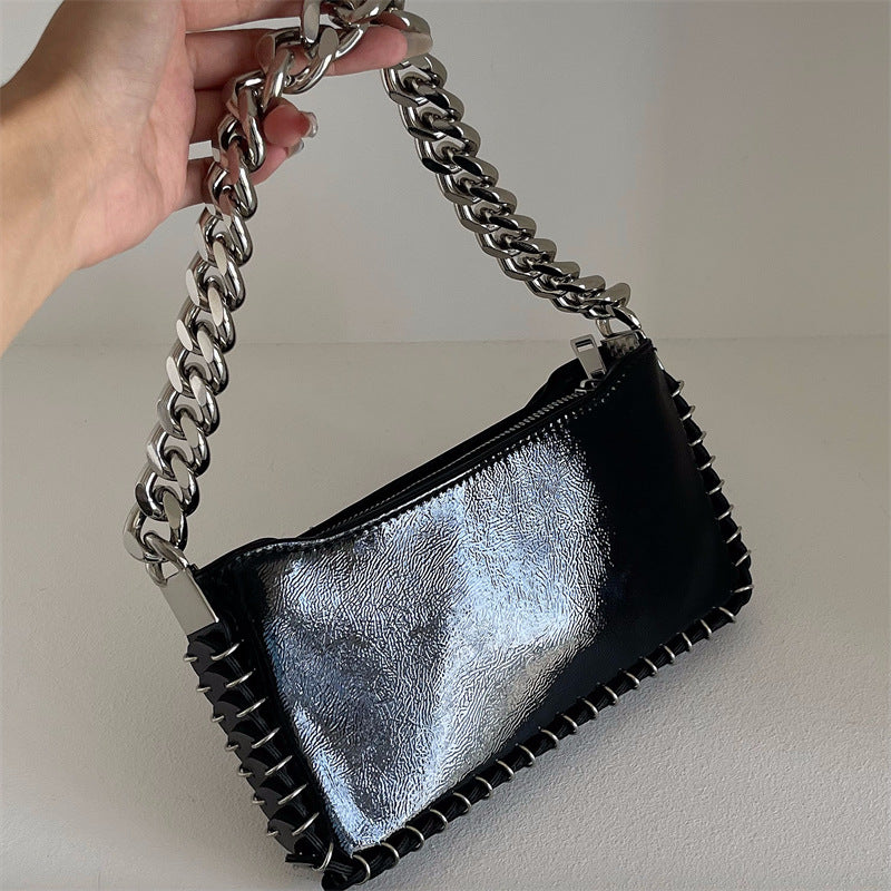 Woman Puck Black Shoulder Bag with Chains and Rings