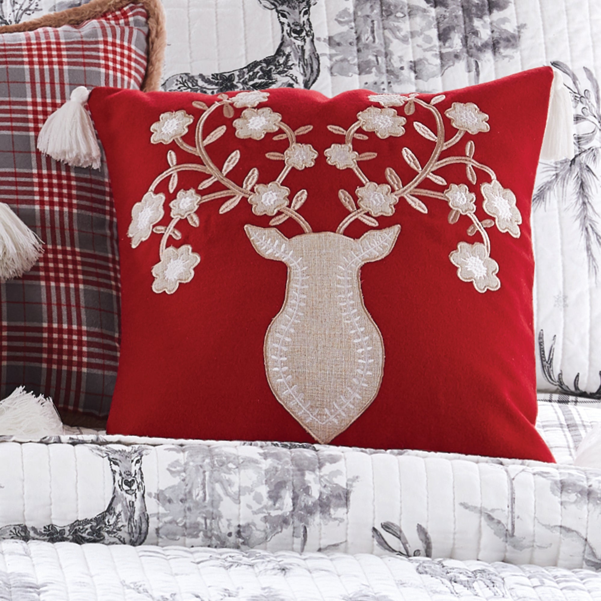 Sleigh Bells Grey Deer Textured Red Tassel Pillow