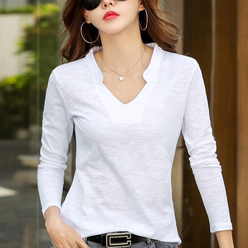 Long Sleeve Women V-Neck Bamboo Cotton T-Shirt Elegant Loose Fashion Tee Shirt Ladies Stand Collar Tops