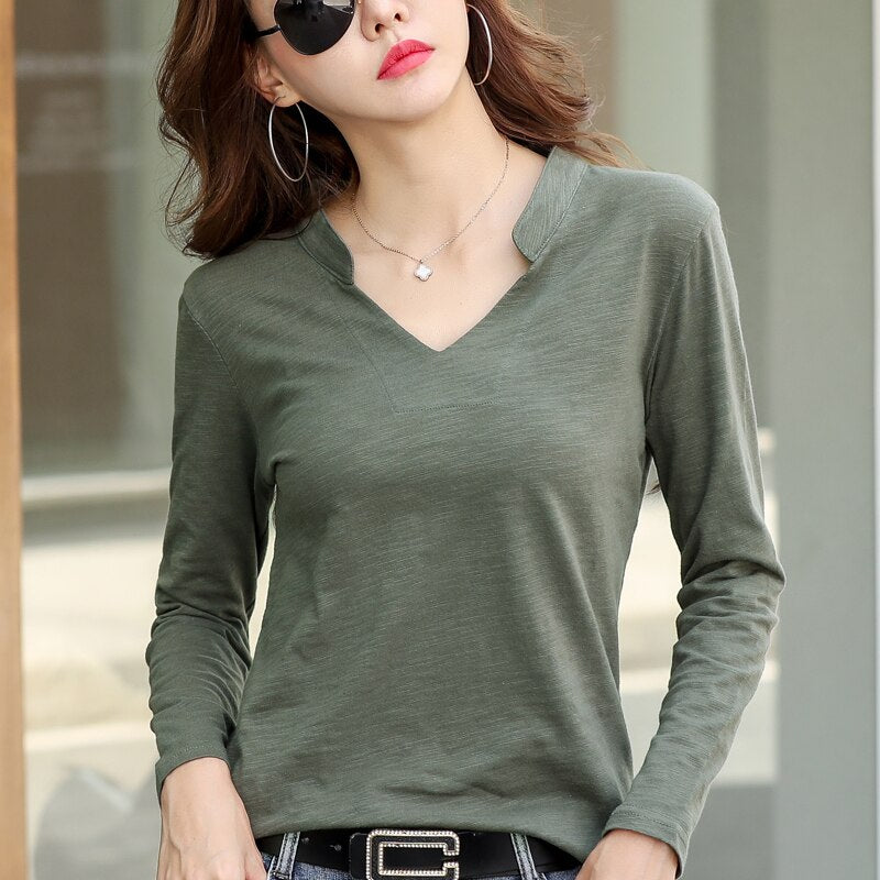 Long Sleeve Women V-Neck Bamboo Cotton T-Shirt Elegant Loose Fashion Tee Shirt Ladies Stand Collar Tops