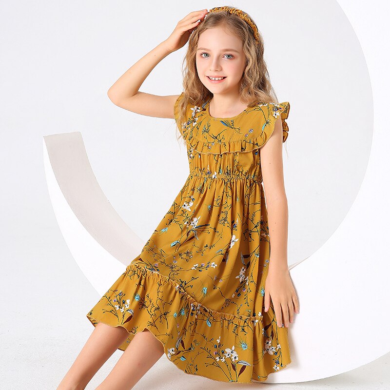 Kid Girls Casual Dress Summer New Floral Print Ruffle A-line Yellow Dress for Girls O Neck Sleeveless Children Clothing