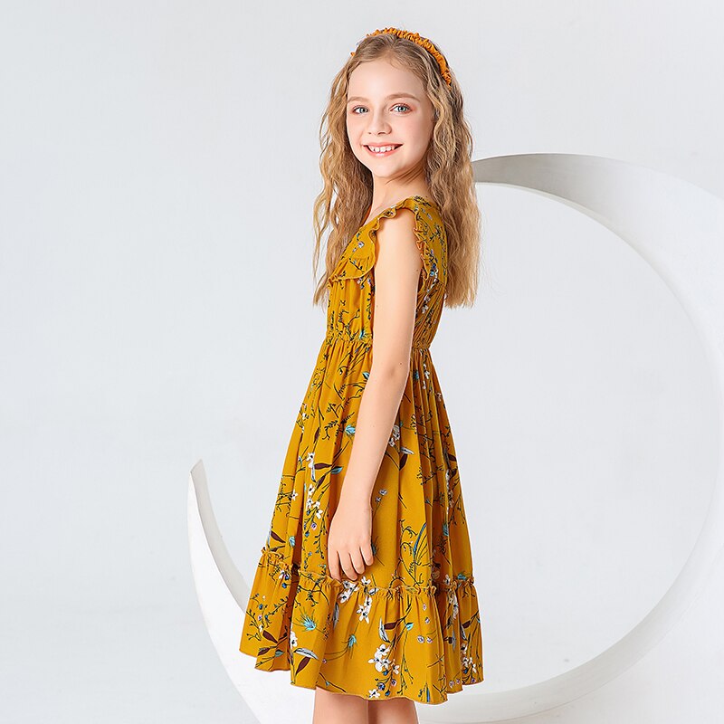 Kid Girls Casual Dress Summer New Floral Print Ruffle A-line Yellow Dress for Girls O Neck Sleeveless Children Clothing