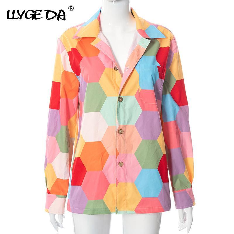 Women Lapel Paneled Shirts Long Sleeve Chic Hexagon Print Cardigan Spring New Fashion Single Breasted Ladies Office Shirt