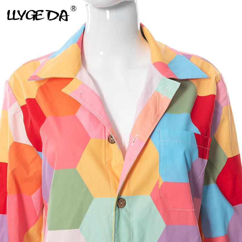 Women Lapel Paneled Shirts Long Sleeve Chic Hexagon Print Cardigan Spring New Fashion Single Breasted Ladies Office Shirt