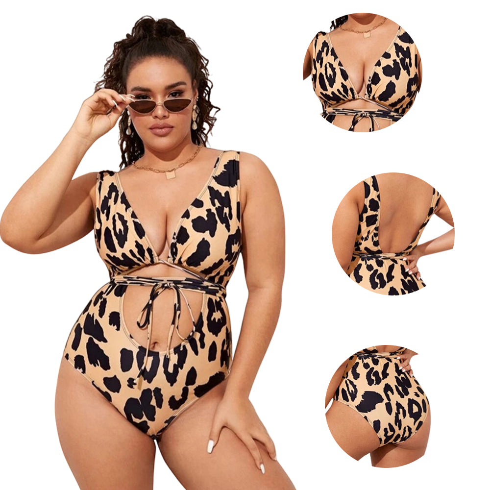 Women Plus Size Leopard Point One-Piece Swimsuit