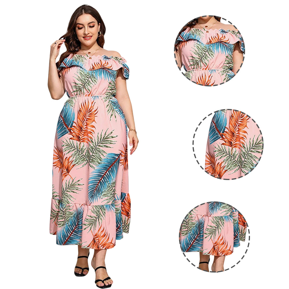Women Plus Size Tropical Rainforest One Shoulder Print Dress