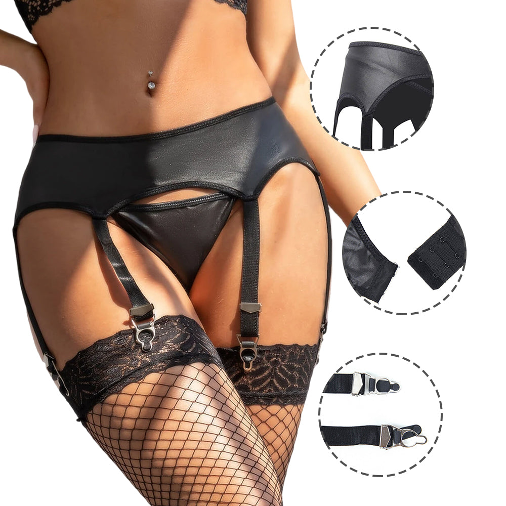 Women Plus Size Sexy Black Leather Panties Thong For Suspenders Garter Belts