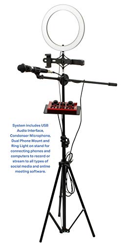 USB audio interface, condenser microphone, boom stand, and LED light package for content creators